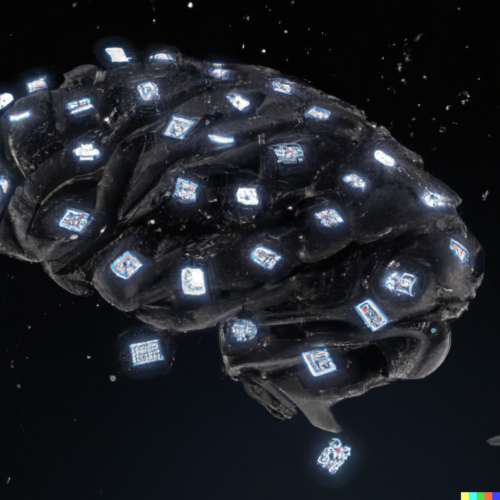 DALL·E prompt: A constellation of GPU graphics cards in the shape of a brain, floating in space, 3d render